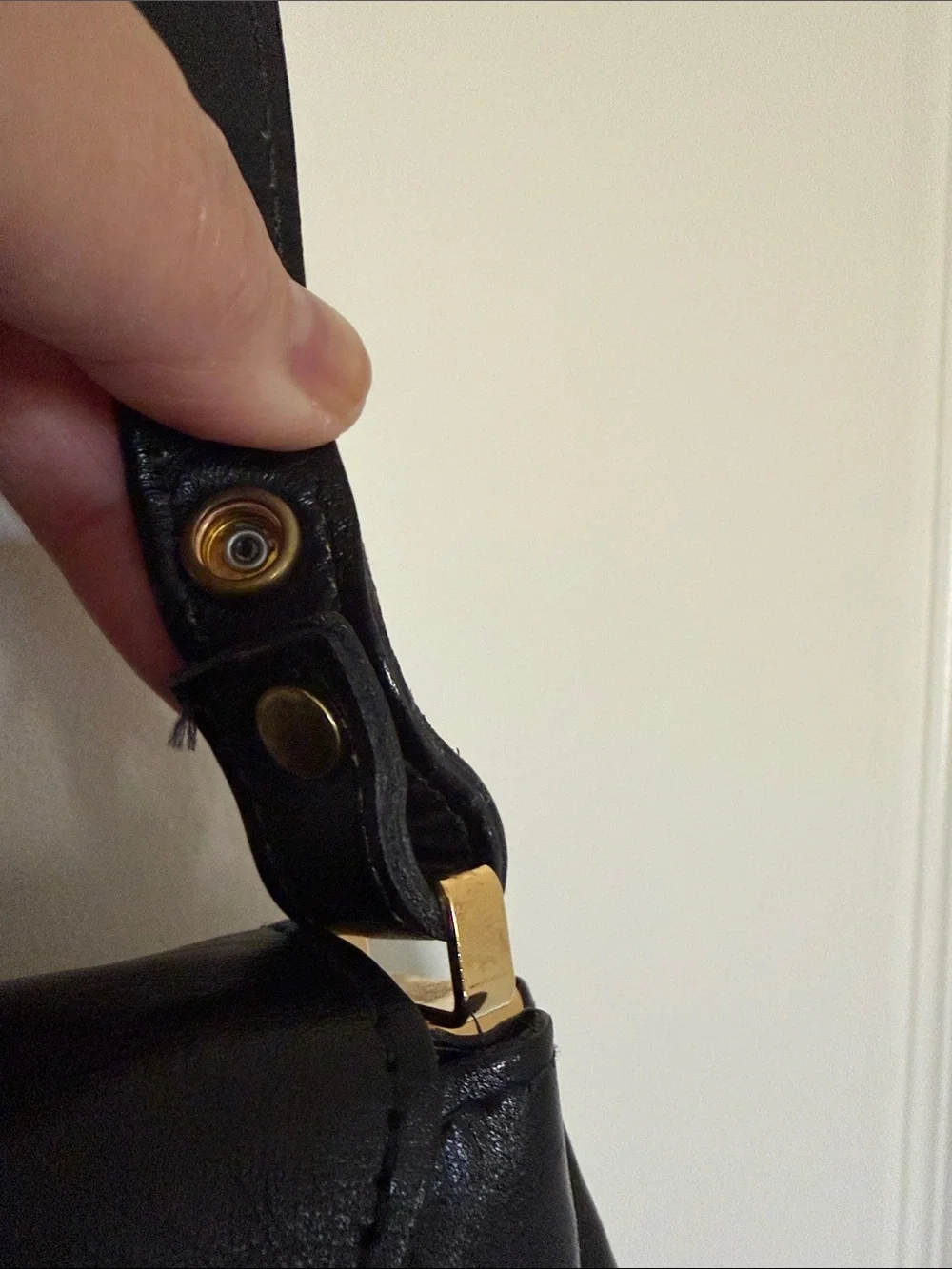 Vintage Black Leather Shoulder Bag with Gold Hardware, Strap 15 1/2 in. ,13x8 in